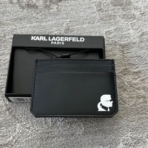 Karl Lagerfeld Paris Logo Black Leather Card Holder. Backside has gray middle.